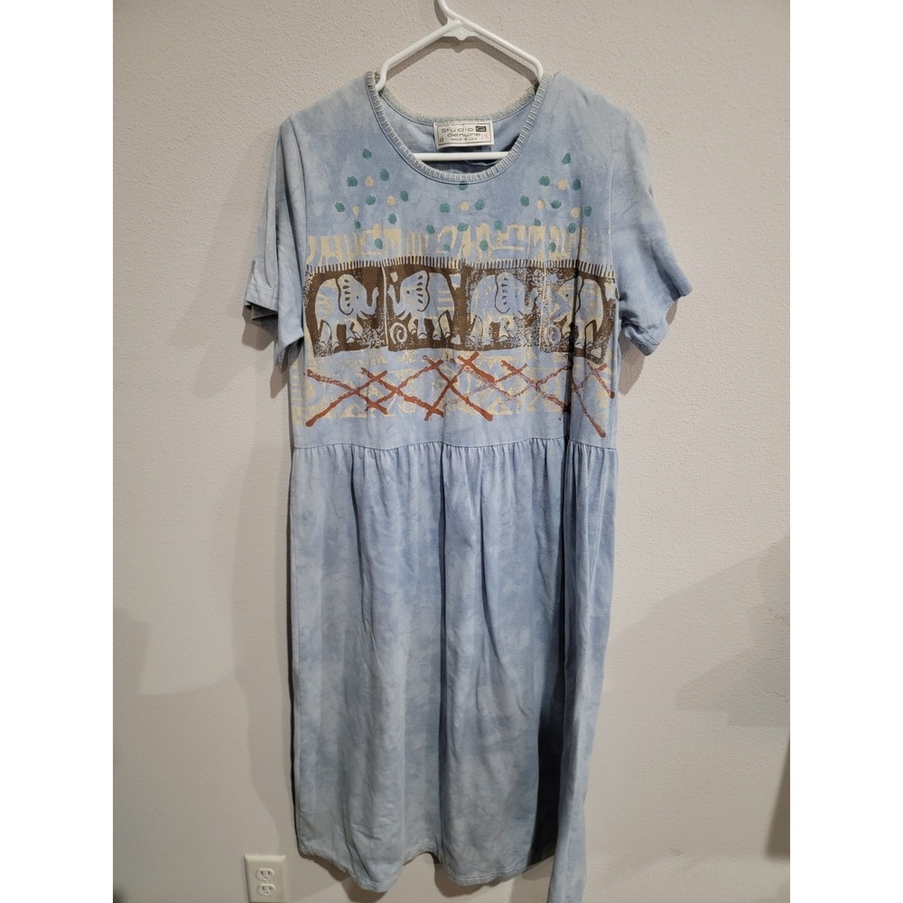 Studio G Genuine Blue Women's 1X Hand Painted Elephants Maxi Dress‎ Vintage